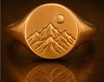 Gold Mountain Ring, Sun and Mountain Signet Ring, Anniversary Gift for Him Her, Nature Lover Jewelry, Outdoor Statement Ring