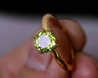 Natural Peridot Sterling Silver Ring - 14K Gold Plated, August Birthstone