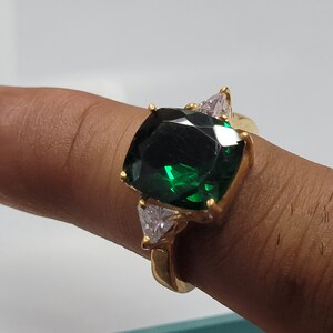 14k Gold Plated Emerald Baguette Ring / Unique Art Deco Design / Real Gold Ring With Pave Band / Handmade Fine Jewelry For Her By Selanica