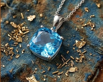 Blue Topaz Pendant Necklace, Cushion Cut Gemstone Necklace, Sterling Silver Blue Topaz Jewelry, December Birthstone Gift, Pendant for Women