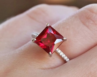 Princess Cut Ruby Sterling Silver Ring – July Birthstone