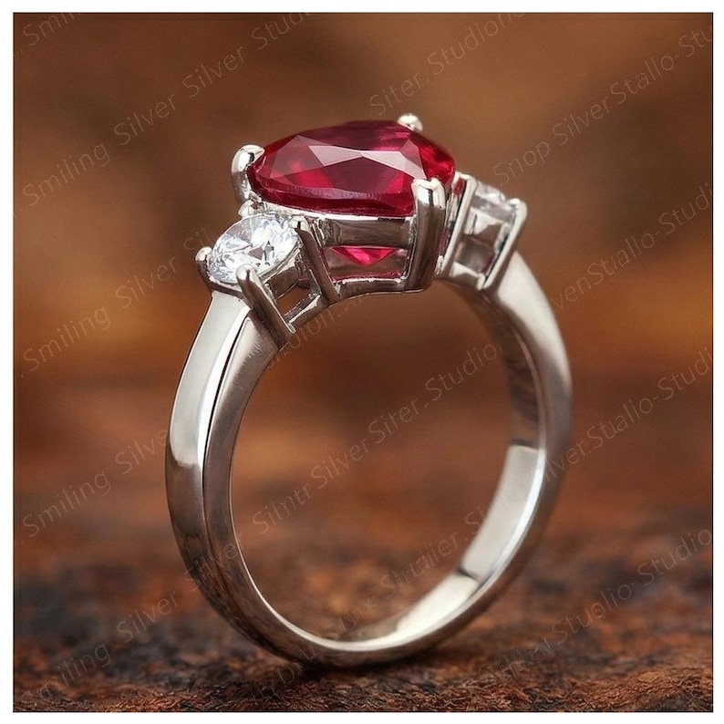 Gold Heart Ruby Ring, Diamond Accent Anniversary Gift for Her, Romantic Fine Jewelry image 5