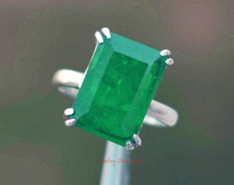 Anillo de esmeralda con corte esmeralda, plata de ley natural, piedra natal de mayo