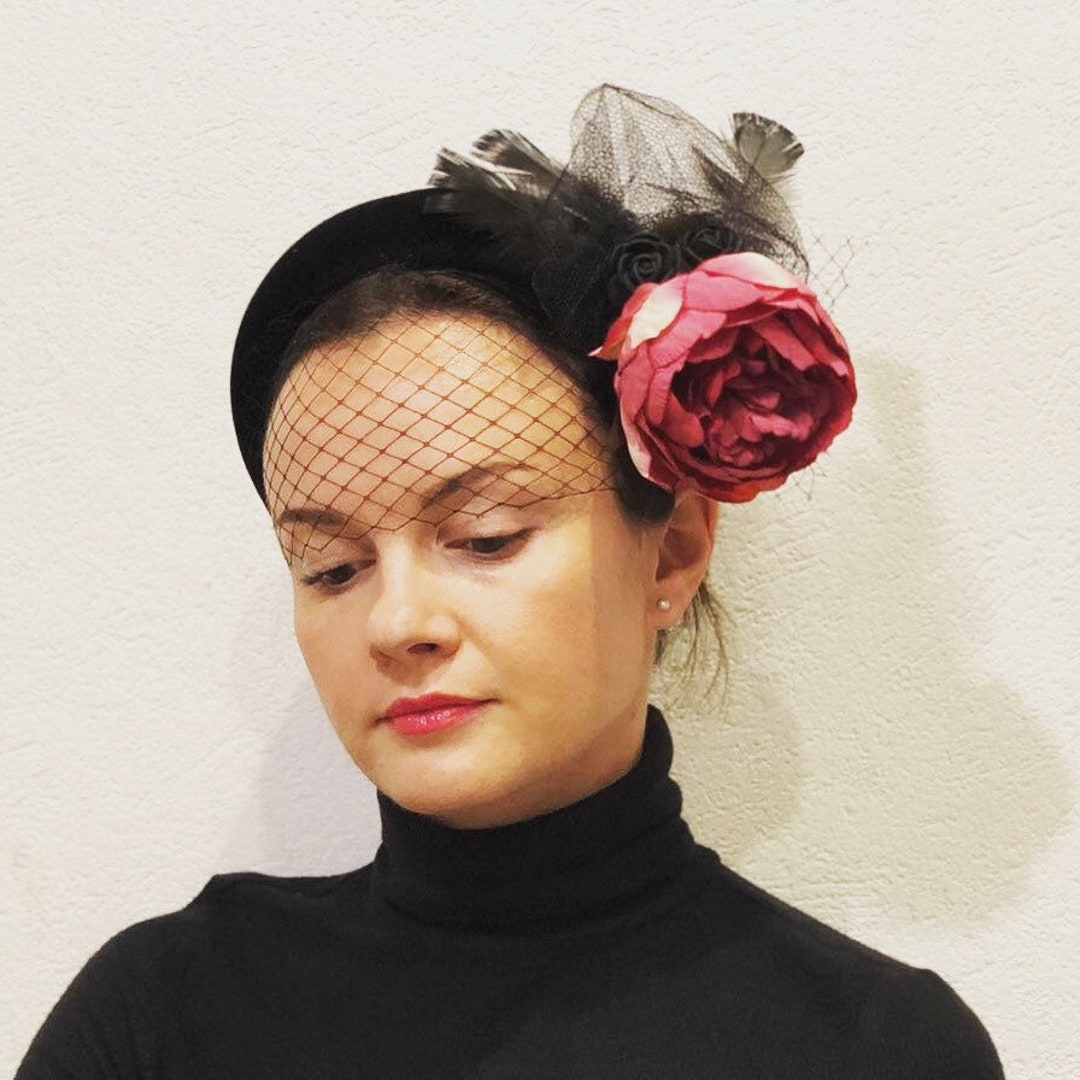 Black Fascinator Big Flower Fascinator Black Merry Widow Veil Veiled