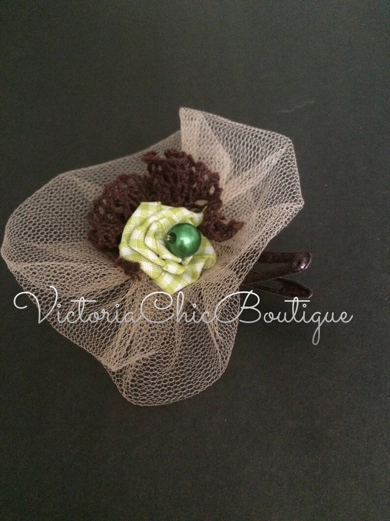 Hair bow Tulle hair bow Green bead hair clip Brown yarn hair clip Checked hair clip Statement hair bow Girls hair bow Hair accessories Gift