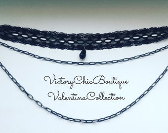 Black lace choker Chain necklace Lace necklace Gothic lace choker Sexy choker Unique necklace Rock necklace Pendant choker Present for women