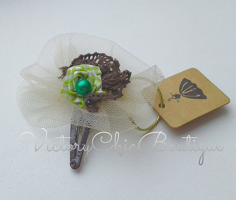 Hair bow Tulle hair bow Green bead hair clip Brown yarn hair clip Checked hair clip Statement hair bow Girls hair bow Hair accessories Gift