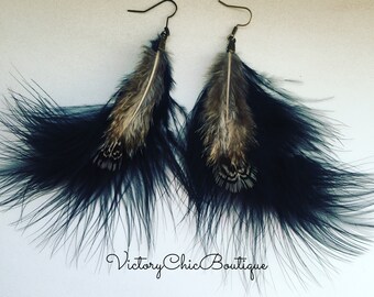 Feather earrings Black feather earrings Dangle earrings Festival earrings Long earrings Women present Boho earrings Black earrings Party DIY