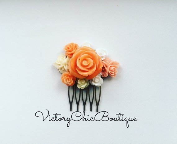 Orange Ivory Coral Wedding Hair Comb Vintage Roses Hair Comb Etsy