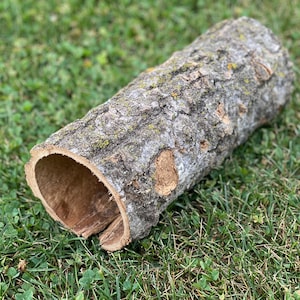 May include: A hollowed-out log with a rough, natural bark texture, lying on a bed of green grass.