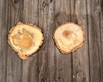 May include: Two natural wood coasters with a light brown center and a darker brown edge. The coasters are cut from tree cross-sections, showcasing the wood grain and natural patterns. They are placed on a weathered wooden surface.