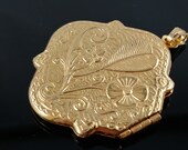 Vintage Embossed Etched Textured Floral Design Locket Pendant - Double Sided Picture Locket - Victorian Inspired, Gold Tone 1 3 8 x 1 1 4