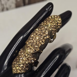 Vintage Champagne Rhinestone Statement Ring – Articulated Gold Tone Cocktail Ring – Adjustable Double Band Glam Ring – Shield Armor Ring