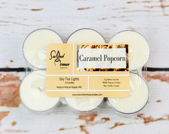 Caramel Popcorn 6-Pack Tealights // Sweet Food Scented | Soy Tea Lights | Highly Scented | White Tealights | Homemade Candles |  Tea Lights