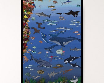 Ocean Ocean-themed printed poster (A3), with whales, fish, dolphins, sharks, a reef and a turtle