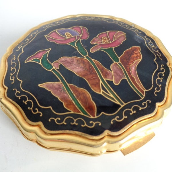 Vintage Cloisonne Powder Compact Enamel Lily Design appears unused