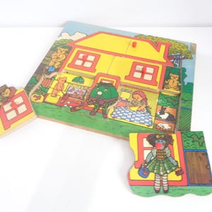 Vintage Wooden Tray Puzzle BBC Playschool 1970s 7 lift out pieces