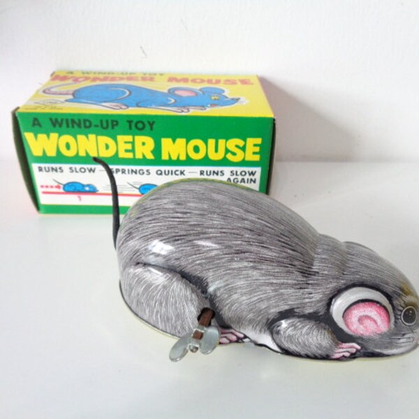Vintage 1970er Jahre Weißblech Wind Up Wonder Mouse Spielzeug von YONE Made in Japan Boxed