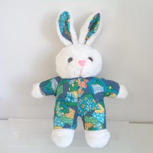 Vintage Tebro White Easter Bunny Rabbit Soft Plush Toy 12 inch patchwork design