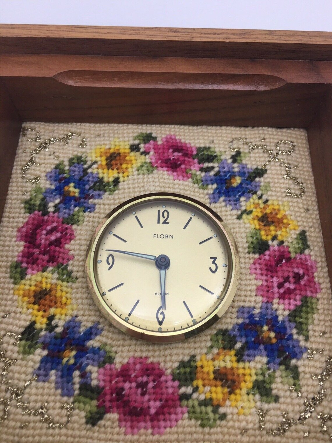 Vintage Florn Alarm Clock Needlepoint Wood West Germany Clock Etsy
