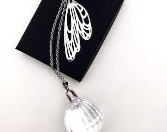 BUTTERFLY WINGS suncatcher for window 5-1/2" long, 30mm large prism ball multifaceted - all stainless-steel metals, non-tarnish, suction cup