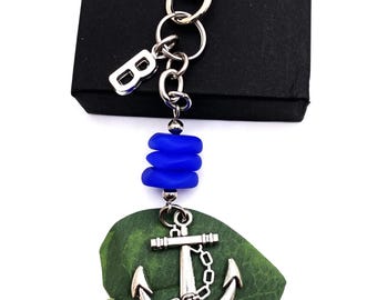 ANCHOR KEYCHAIN with blue faux sea glass and initial charm, purse charm, bag charm, keyring