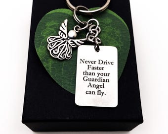 KEYCHAIN for new driver - "Never drive faster than your guardian angel can fly" - gift for driver, guardian angel keyring, bag charm