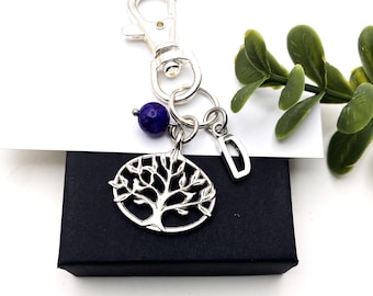 TREE KEYCHAIN with blue lapis lazuli stone and initial charm, purse charm, bag charm, family tree keyring