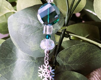 SNOWFLAKE SUN CATCHER for windows or plants- sparkling green & clear Swarovski crystals - all stainless-steel metals, non tarnish
