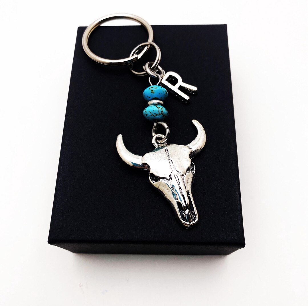 COW BULL KEYCHAIN With Blue Turquoise and Initial Charm, Purse Charm ...