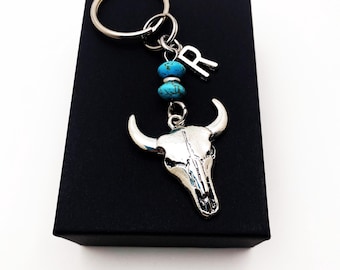 COW BULL KEYCHAIN with blue turquoise and initial charm, purse charm, bag charm, keyring