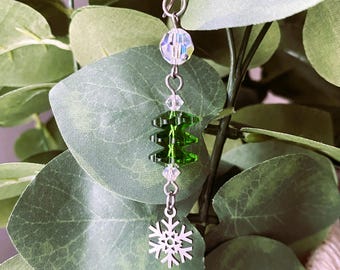 SNOWFLAKE SUN CATCHER for your plants or windows- Green and clear Swarovski crystals - all stainless-steel, non-tarnish