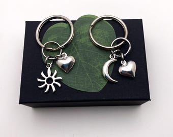 Set of 2 KEYCHAINS - small moon & sun keychains w hearts - moon and sun measure 5/8" - order "1" for the set of 2 keychains - gift