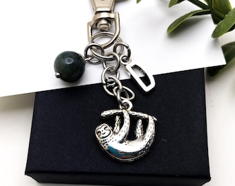 SLOTH KEYCHAIN with green jasper stone and initial charm, purse charm, bag charm, sloth keyring