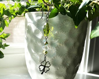 CLOVER SUN CATCHER for your plants or windows- green Swarovski crystals - all stainless-steel, non-tarnish