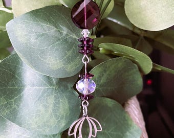 FLOWER SUN CATCHER for windows or plants - sparkling grape & clear Swarovski crystals - all stainless-steel metals, non tarnish