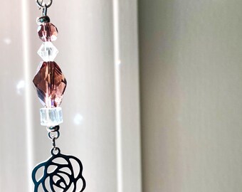 ROSE SUN CATCHER for your plants or windows- mauve pink Swarovski crystals - all stainless-steel, non-tarnish