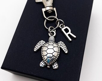 TURTLE KEYCHAIN with initial charm, purse charm, bag charm, keyring, choose the silver or bronze turtle