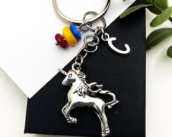 UNICORN KEYCHAIN with blue, yellow, pink stones and initial charm, purse charm, bag charm, unicorn keyring