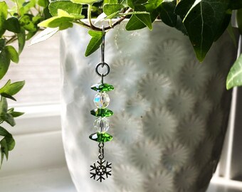 SNOWFLAKE SUN CATCHER for your plants or window - Green and clear Swarovski crystals - all stainless-steel, non-tarnish
