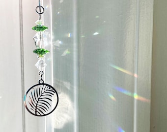 PALM leaf SUN CATCHER for your plants or windows- Green and clear Swarovski crystals - all stainless-steel, non-tarnish