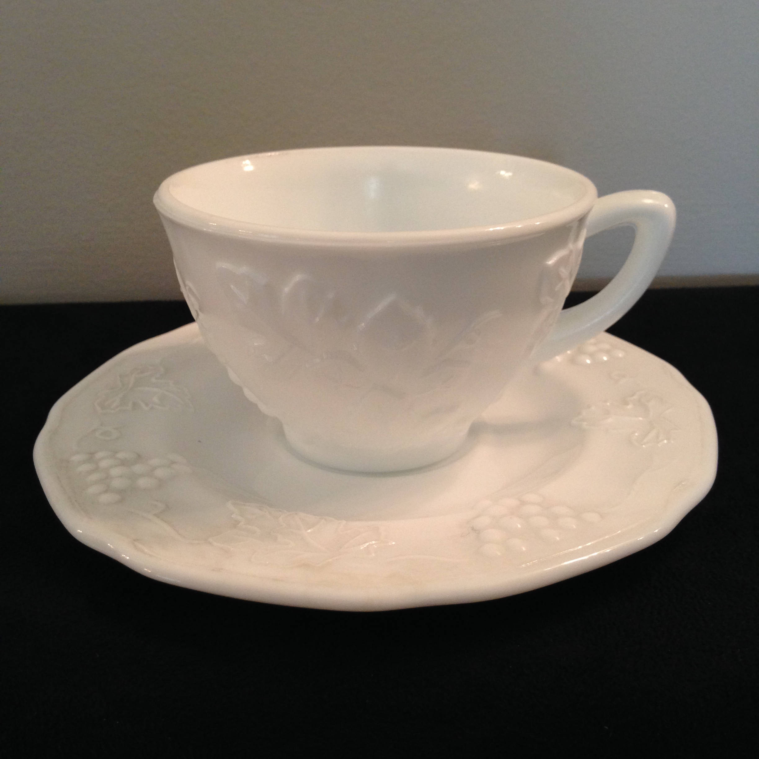 Vintage Milk Glass Tea Cup and Saucer Grape and Vine Pattern Etsy UK