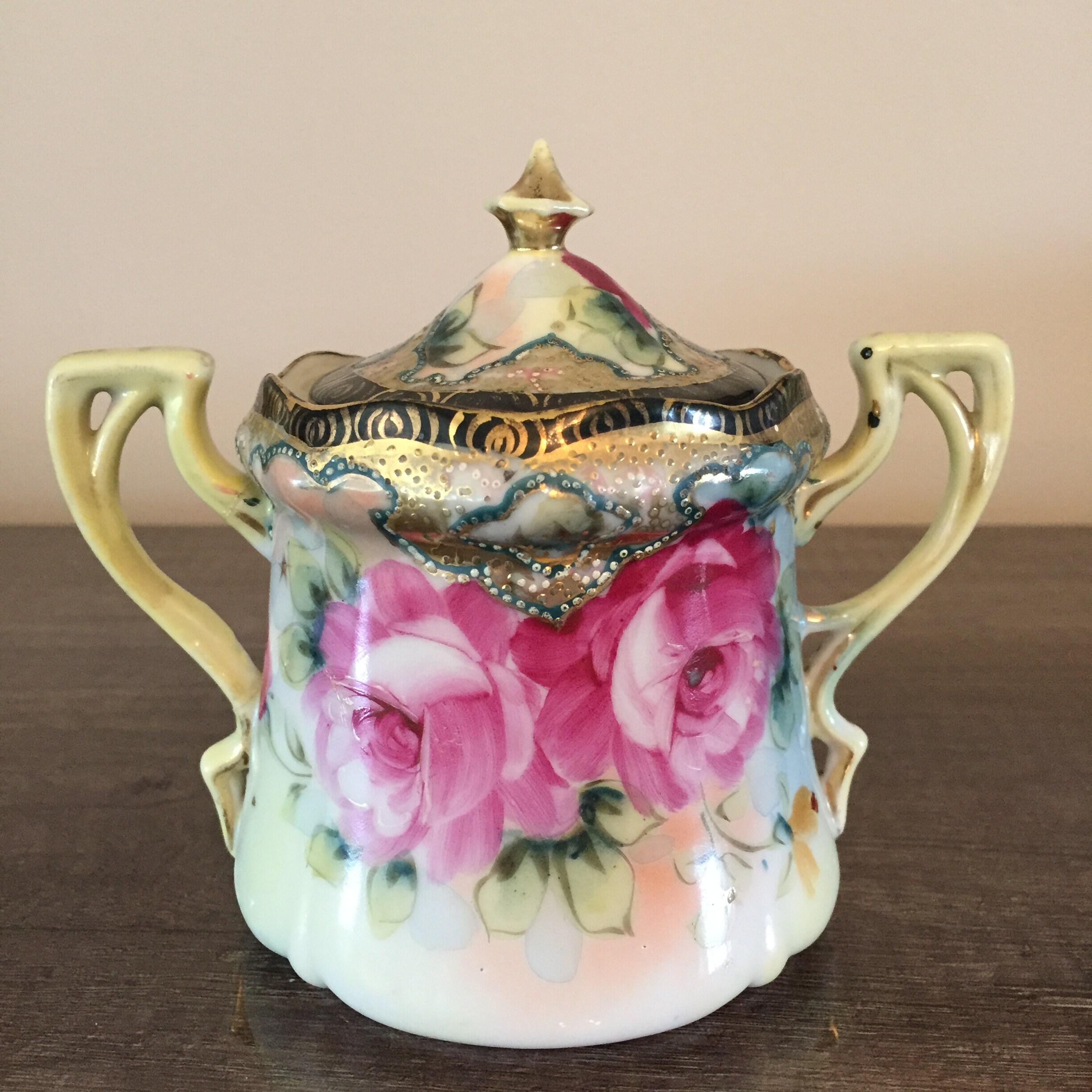 Nippon Large pink Cabbage Rose Sugar bowl with lid c1915 Etsy