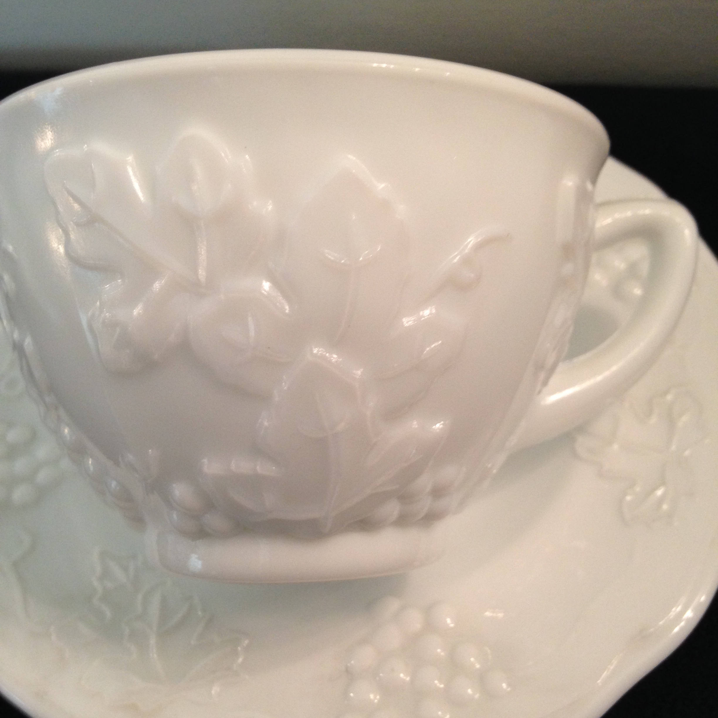 Vintage Milk Glass Tea Cup and Saucer Grape and Vine Pattern Etsy UK