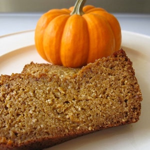May include: A slice of pumpkin bread on a white plate with a small orange pumpkin in the background. The bread is a warm brown color with a textured surface, and the pumpkin has a smooth, vibrant orange skin.