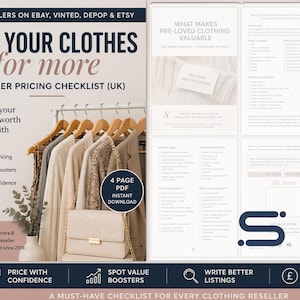 May include: A promotional image for clothing resellers, featuring a checklist to help price items. The image includes a rack of clothing, a handbag, and a PDF download icon. Text on the image reads "Sell Your Clothes for More" and "Reseller Pricing Checklist (UK)".