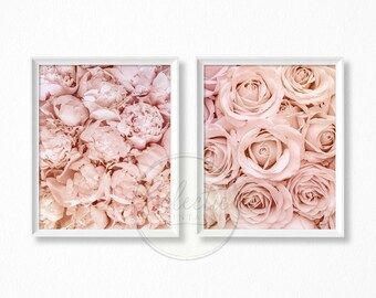 Flower Photo Prints, Peonies Roses, Set of 2, Printable Floral Wall Art, Blush Pastel Pink Wall Decor, Girl's Bedroom Dorm Nursery Art