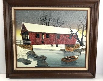 H. Hargrove Covered Bridge in Winter Original Oil Painting 31x27