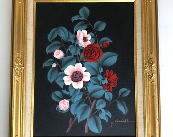 Signed Original Floral Acrylic Painting Canvas Framed Roses Dark Vtg J. Kendall