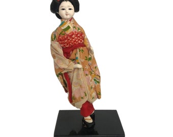Vintage Japanese Maiko Geisha Doll 1950s Hand Painted Carved Red Silk 9 Inches